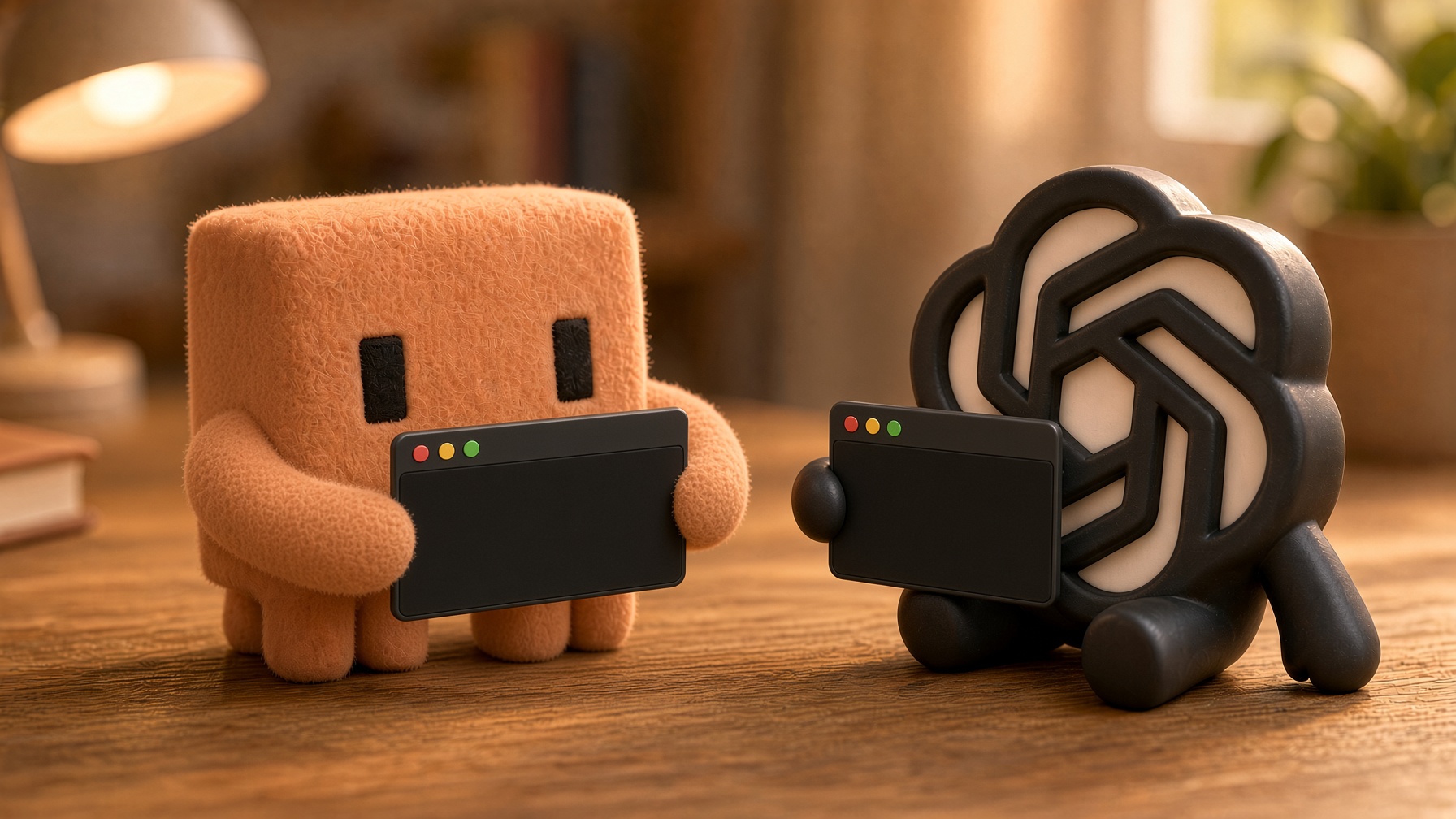 Peach felt agent holding a laptop, standing in for Claude Code