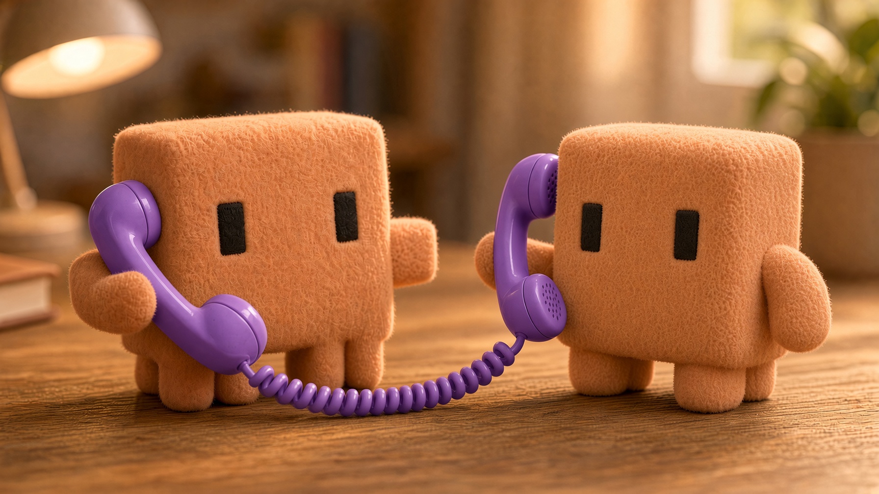 Close-up of two felt agents on a call