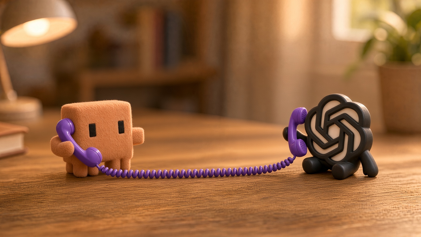 Claude and Codex on a purple phone call, cord running between them